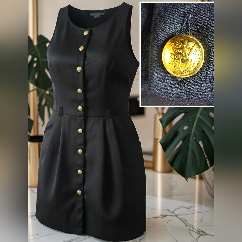 Armani Exchange Black Sleeveless Mini Dress with Gold Toned Buttons